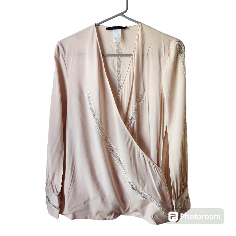 LES COPAINS Silk and Lace Faux Wrap Pink and Cream Blouse Sz. 8 (FR40)